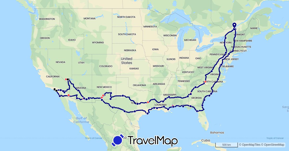 TravelMap itinerary: driving, hiking, sans la fifth wheel in Canada, United States (North America)