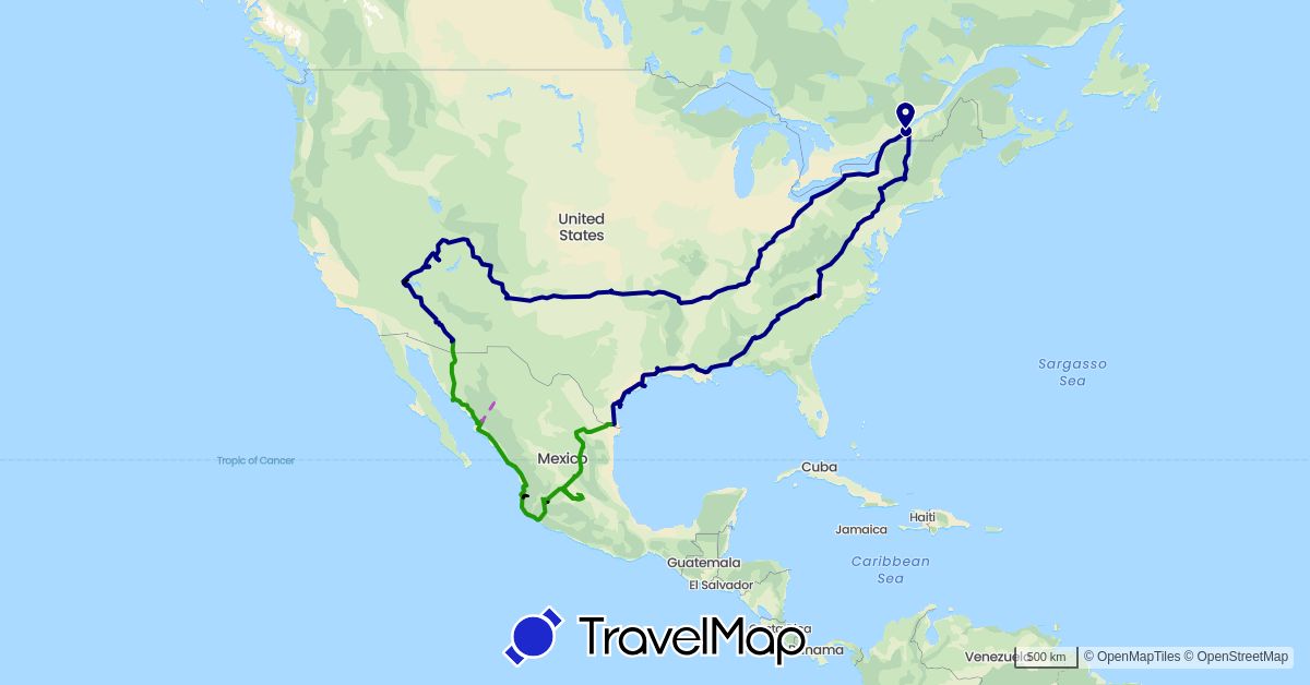 TravelMap itinerary: driving, train, hiking, sans la fifth wheel, groupe caravaning in Canada, Mexico, United States (North America)