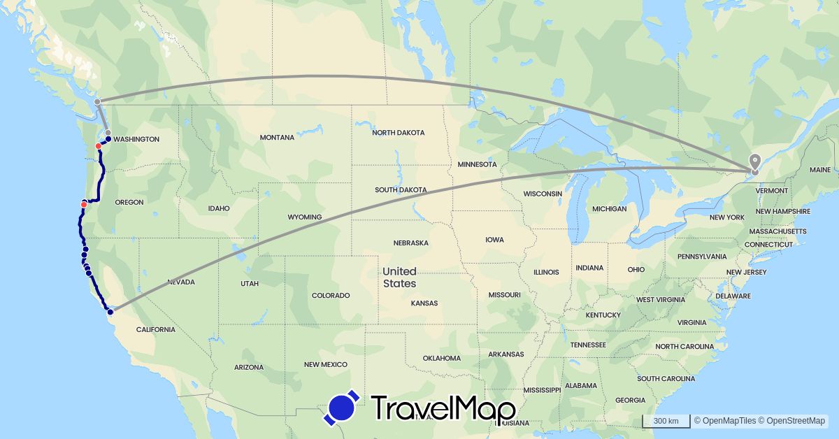 TravelMap itinerary: driving, plane, hiking in Canada, United States (North America)