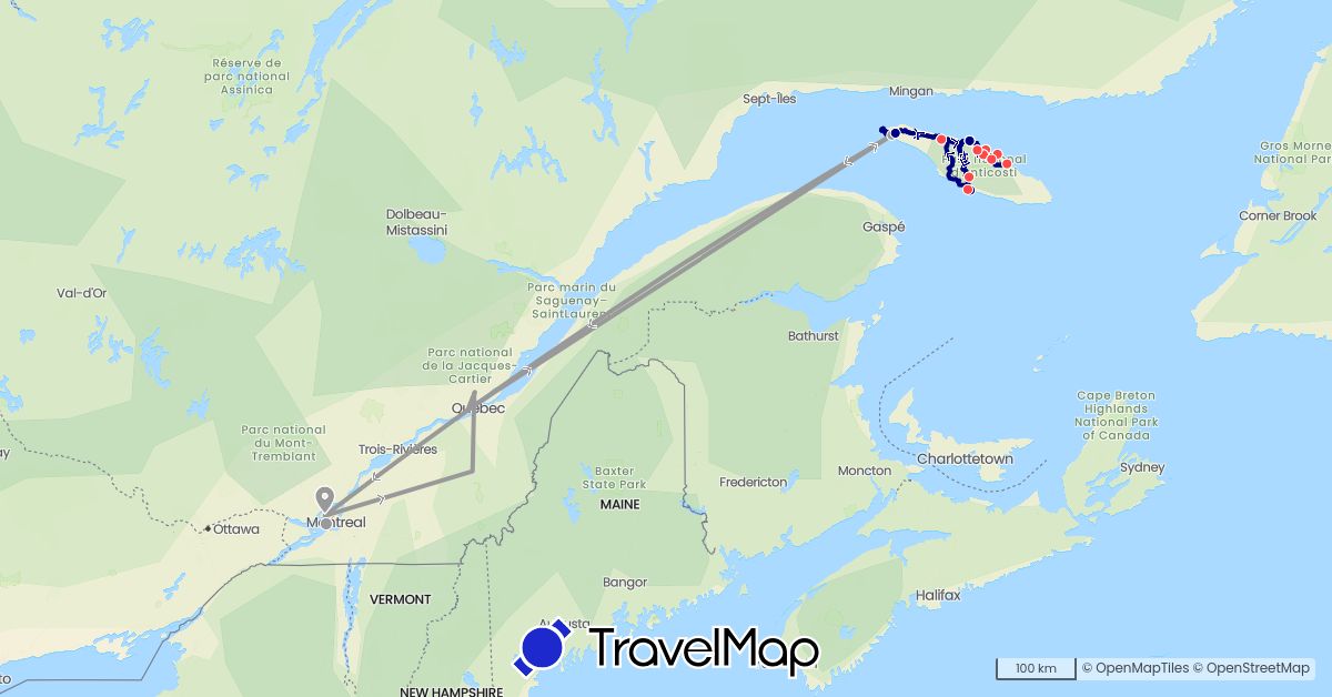 TravelMap itinerary: driving, plane, hiking in Canada (North America)