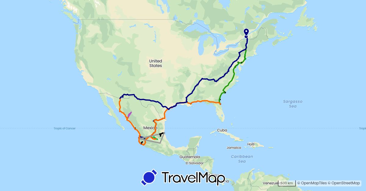 TravelMap itinerary: driving, bus, plane, train, sans la fifth wheel, groupe caravaning, chefs de caravane in Canada, Mexico, United States (North America)