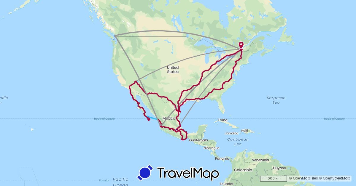 TravelMap itinerary: driving, plane, boat, van life in Canada, Mexico, United States (North America)